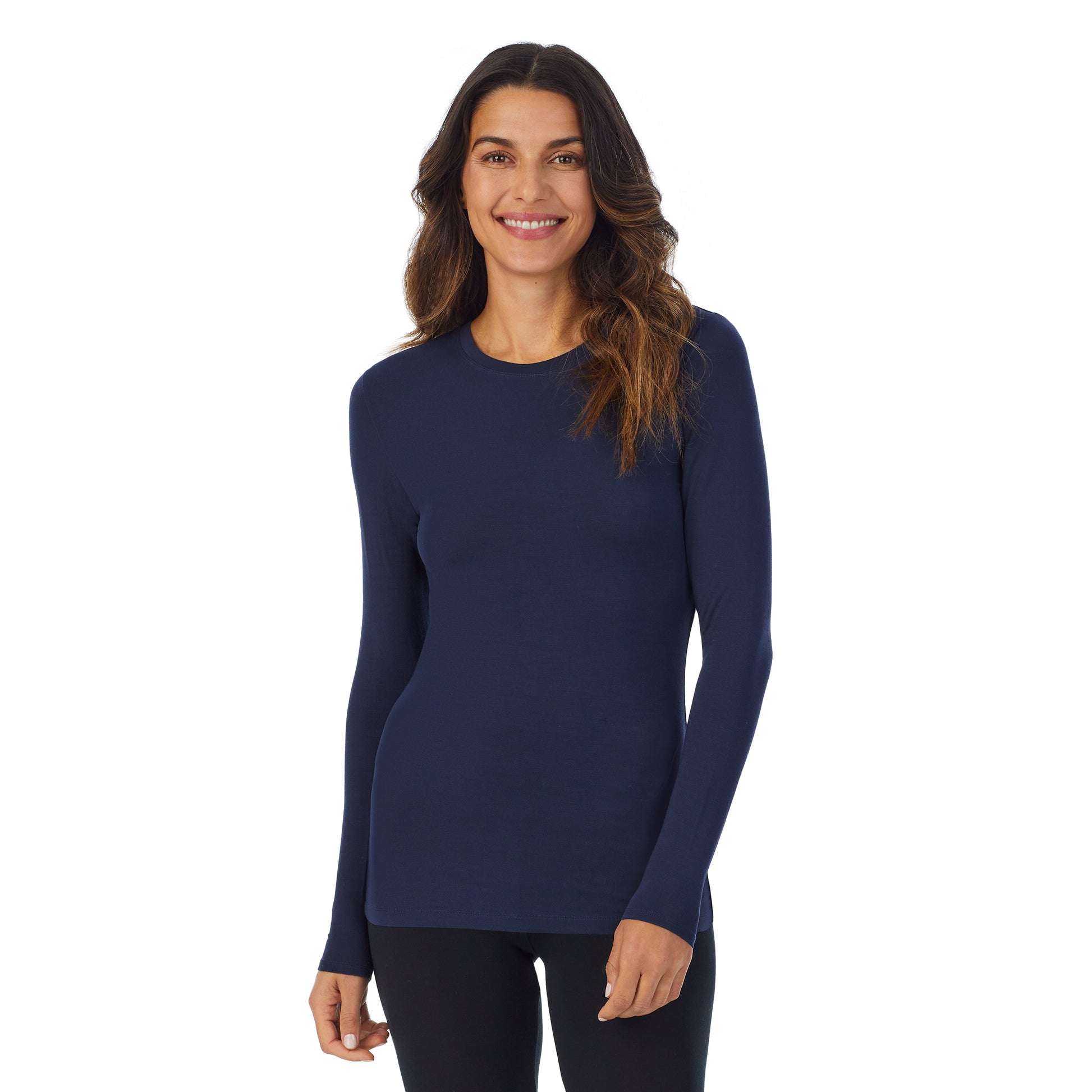 A lady wearing navy blazer long sleeve crew petite softwear with stretch top.