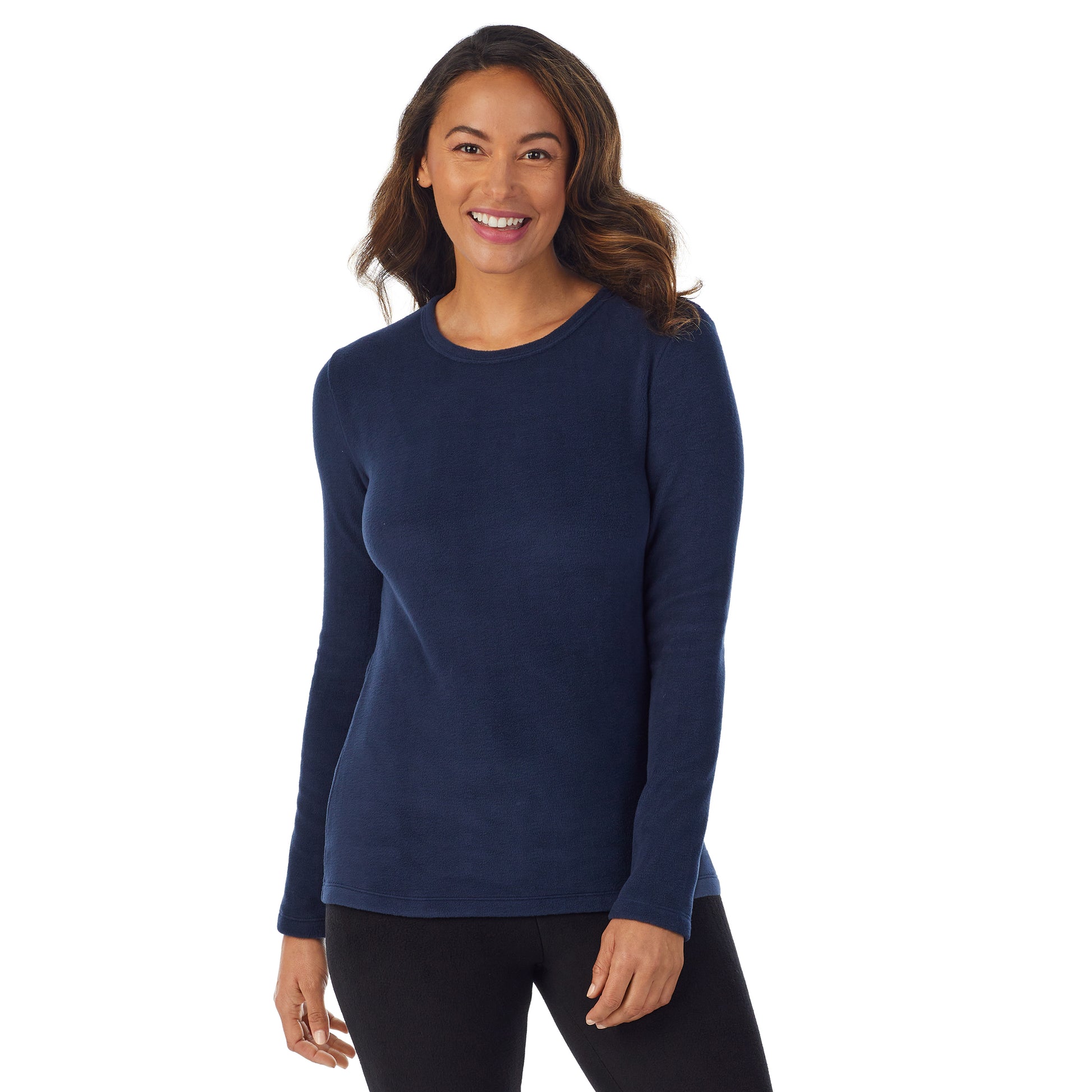  A Lady is wearing a Navy Blazer Fleecewear With Stretch Long Sleeve Crew PETITE