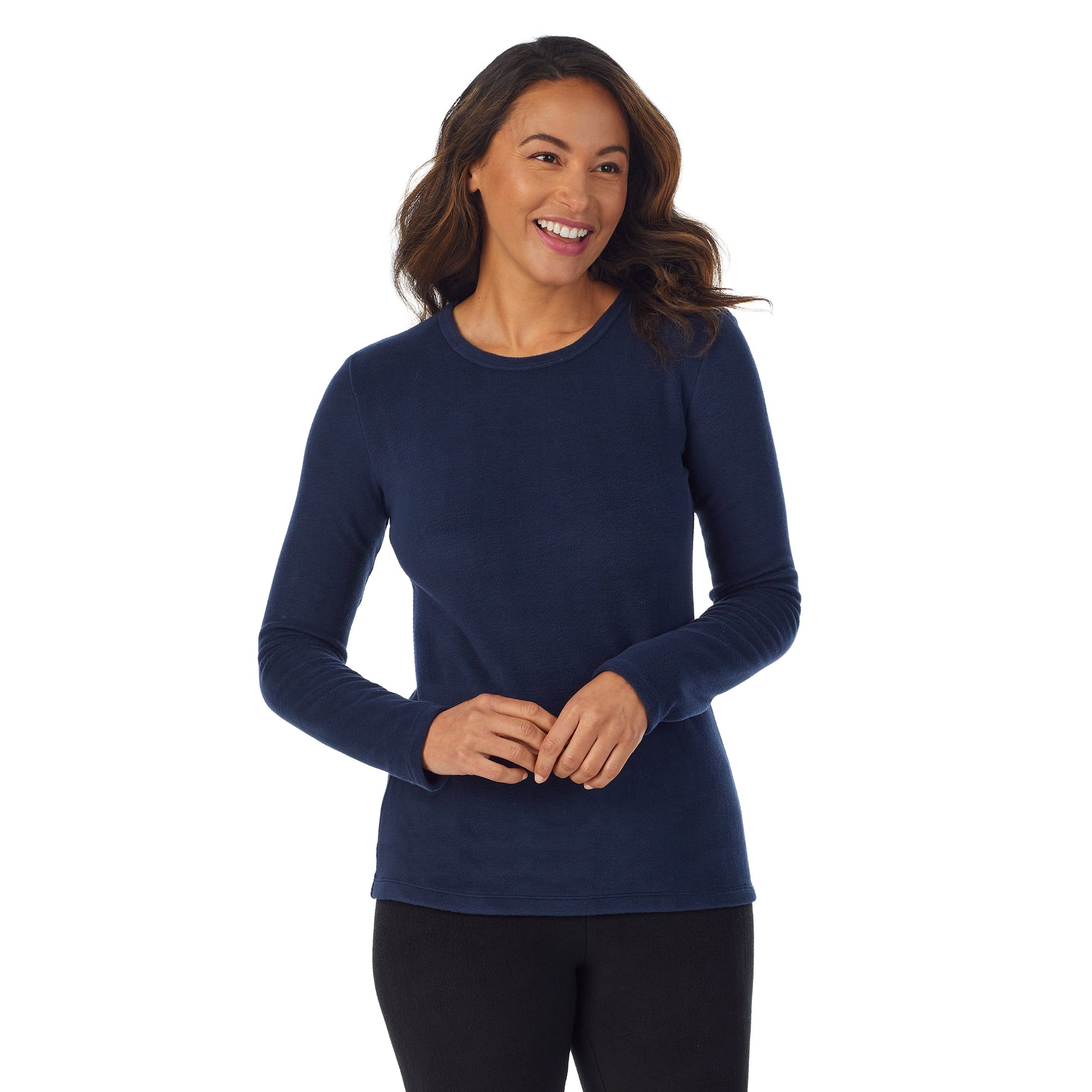  A Lady is wearing a Navy Blazer Fleecewear With Stretch Long Sleeve Crew PETITE