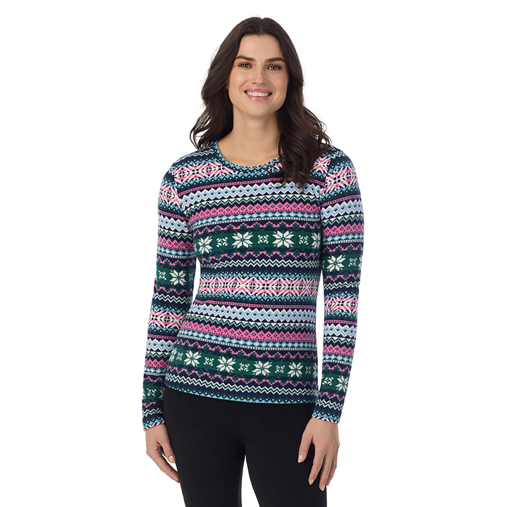 Green Pink Fairisle; Model is wearing a size S. She is 5’9”, Bust 34”, Waist 25”, Hips 36”@ A Lady is wearing a Green Pink Fairisle Fleecewear With Stretch Long Sleeve Crew PETITE