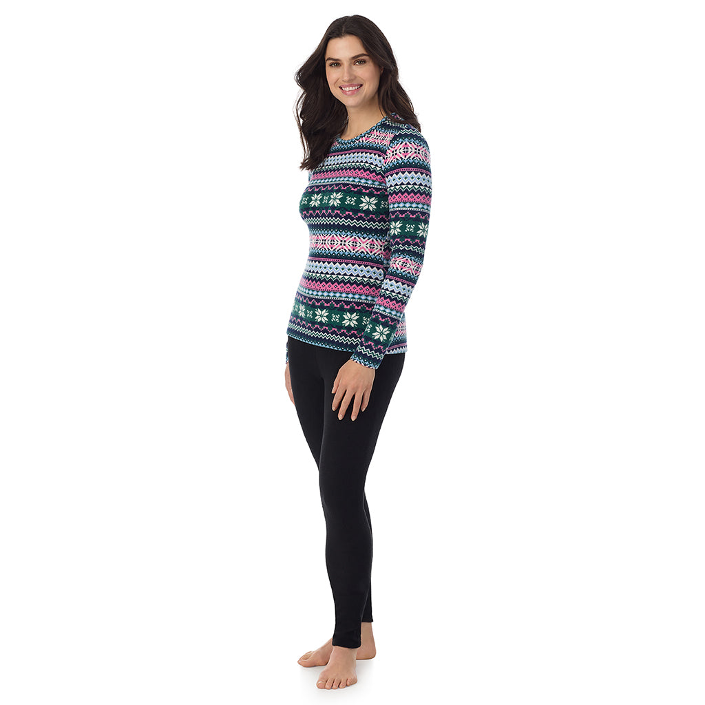 Green Pink Fairisle; Model is wearing a size S. She is 5’9”, Bust 34”, Waist 25”, Hips 36”@ A Lady is wearing a Green Pink Fairisle Fleecewear With Stretch Long Sleeve Crew PETITE