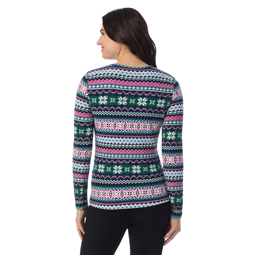 Green Pink Fairisle; Model is wearing a size S. She is 5’9”, Bust 34”, Waist 25”, Hips 36”@ A Lady is wearing a Green Pink Fairisle Fleecewear With Stretch Long Sleeve Crew PETITE