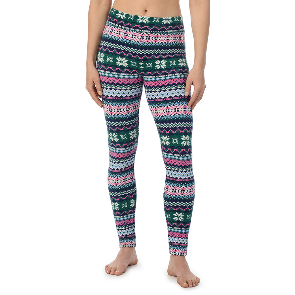 Green Pink Fairisle; Model is wearing a size S. She is 5’9”, Bust 34”, Waist 25”, Hips 36”@ A Lady is wearing a Green Pink Fairisle Fleecewear With Stretch Legging PETITE ! 94% Recycled Polyester, 6% Spandex !