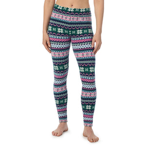  A Lady is wearing a Green Pink Fairisle Fleecewear With Stretch Legging PETITE ! 94% Recycled Polyester, 6% Spandex !