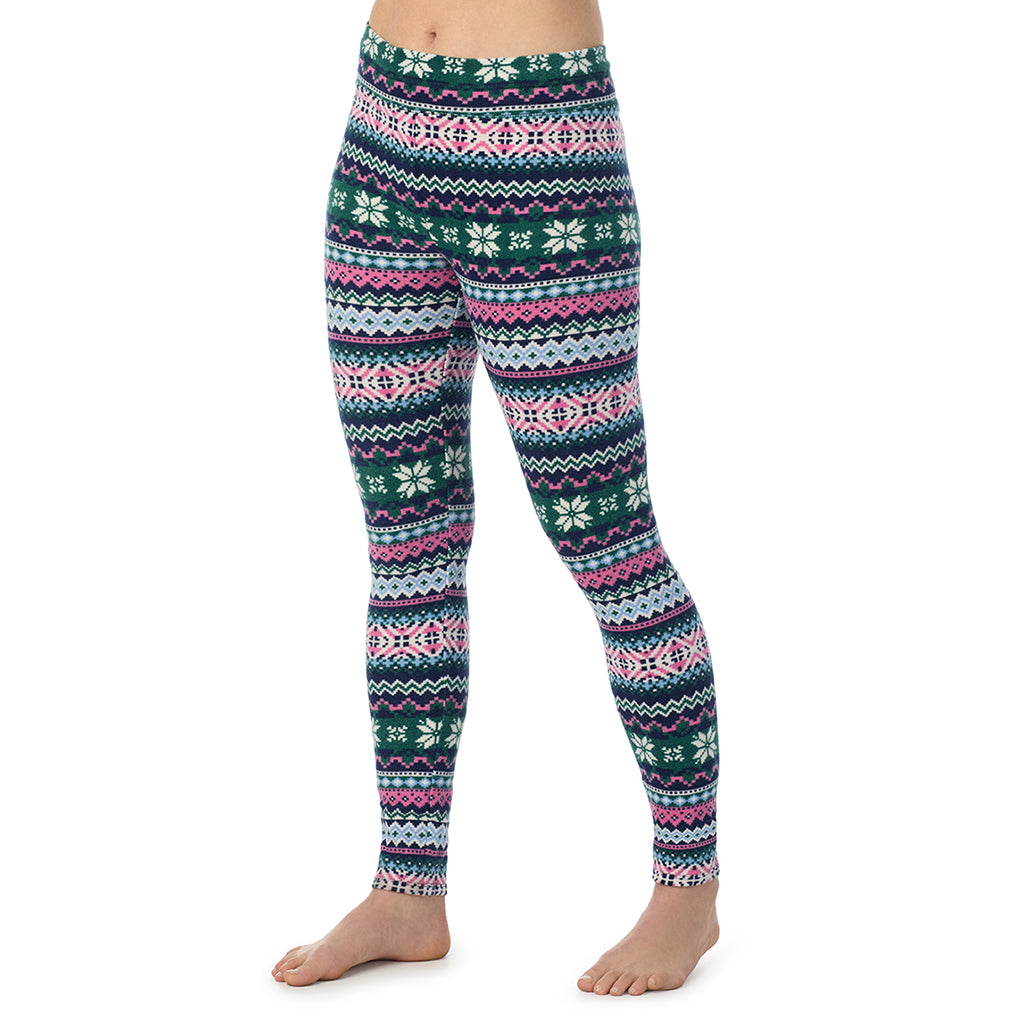 Green Pink Fairisle; Model is wearing a size S. She is 5’9”, Bust 34”, Waist 25”, Hips 36”@ A Lady is wearing a Green Pink Fairisle Fleecewear With Stretch Legging PETITE ! 94% Recycled Polyester, 6% Spandex !