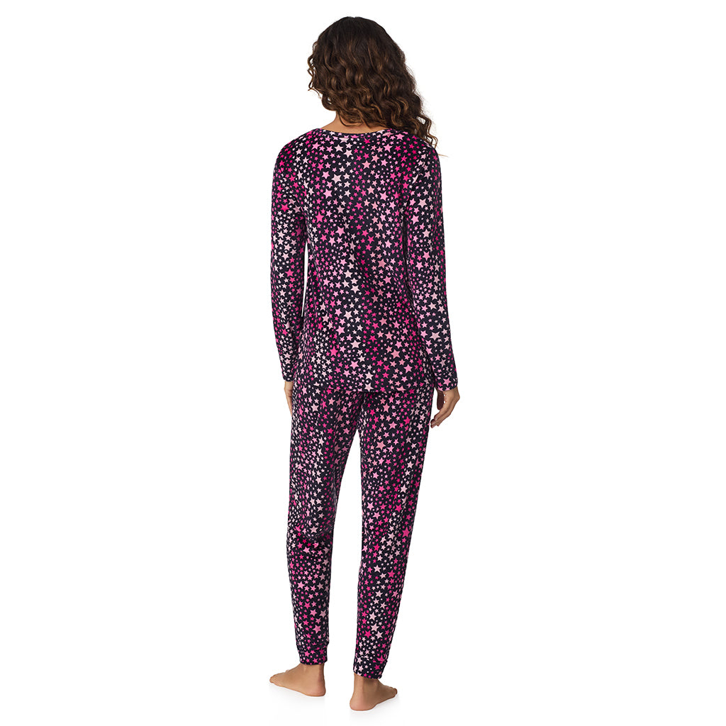 A lady wearing Multi Stars Silky Velour Long Sleeve Pullover with Jogger 2-Pc Pajama Set