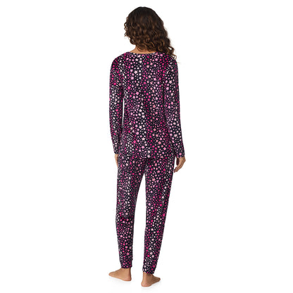 Multi Stars;Model is wearing size S. She is 5’9”, Bust 34”, Waist 23”, Hips 35”.@A lady wearing Multi Stars Silky Velour Long Sleeve Pullover with Jogger 2-Pc Pajama Set