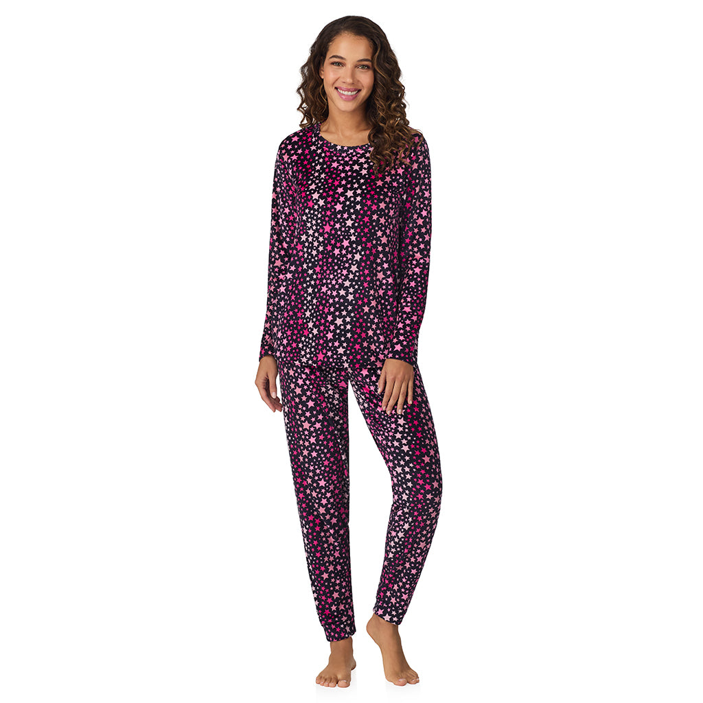 Multi Stars;Model is wearing size S. She is 5’9”, Bust 34”, Waist 23”, Hips 35”.@A lady wearing Multi Stars Silky Velour Long Sleeve Pullover with Jogger 2-Pc Pajama Set