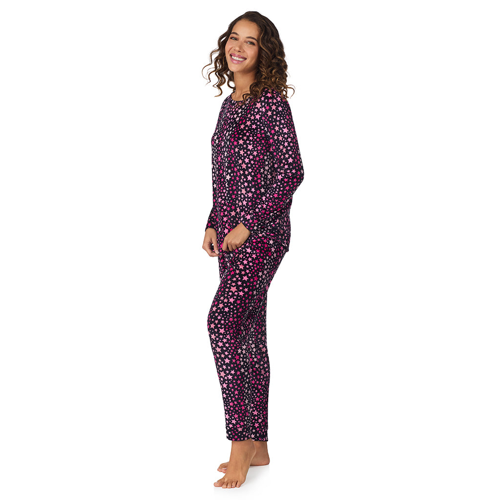 A lady wearing Multi Stars Silky Velour Long Sleeve Pullover with Jogger 2-Pc Pajama Set