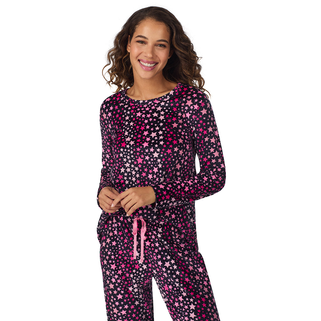 Multi Stars;Model is wearing size S. She is 5’9”, Bust 34”, Waist 23”, Hips 35”.@A lady wearing Multi Stars Silky Velour Long Sleeve Pullover with Jogger 2-Pc Pajama Set