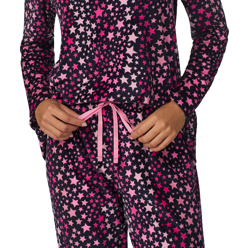 A lady wearing Multi Stars Silky Velour Long Sleeve Pullover with Jogger 2-Pc Pajama Set