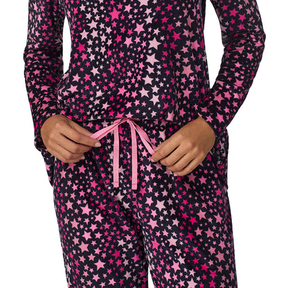 Multi Stars;Model is wearing size S. She is 5’9”, Bust 34”, Waist 23”, Hips 35”.@A lady wearing Multi Stars Silky Velour Long Sleeve Pullover with Jogger 2-Pc Pajama Set