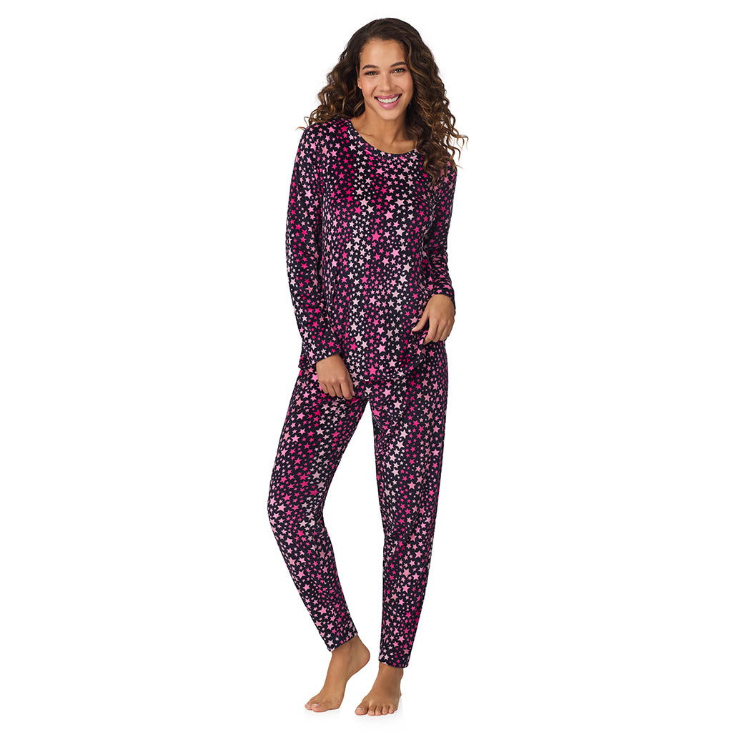 A lady wearing Multi Stars Silky Velour Long Sleeve Pullover with Jogger 2-Pc Pajama Set