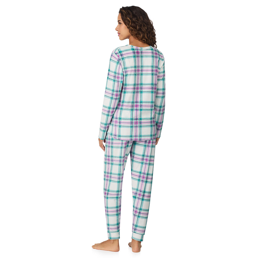 A lady wearing White Multi Plaid Silky Velour Long Sleeve Pullover with Jogger 2-Pc Pajama Set