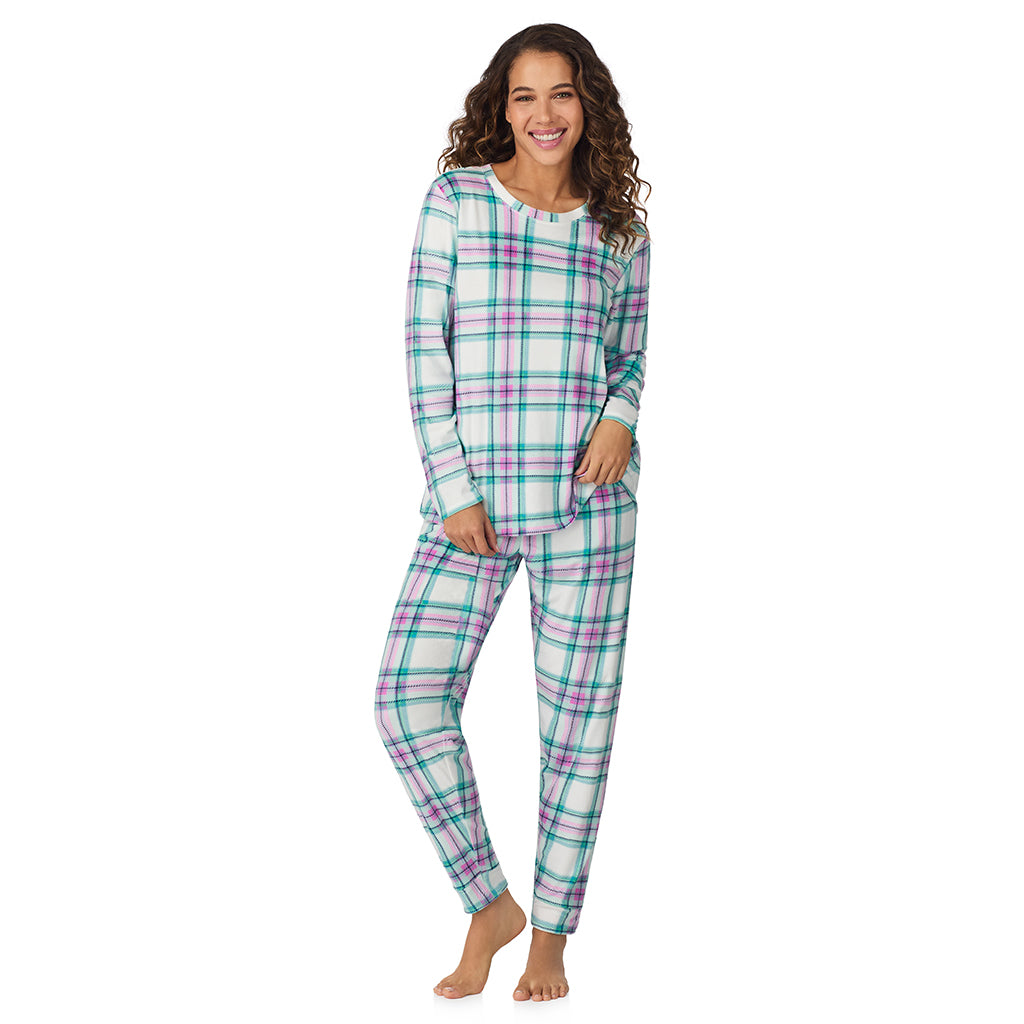 White Multi Plaid;Model is wearing size S. She is 5’9”, Bust 34”, Waist 23”, Hips 35”.@A lady wearing White Multi Plaid Silky Velour Long Sleeve Pullover with Jogger 2-Pc Pajama Set