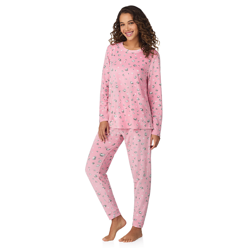 A lady wearing Pink Animal Silky Velour Long Sleeve Pullover with Jogger 2-Pc Pajama Set