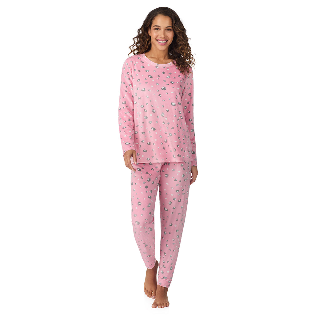 A lady wearing Pink Animal Silky Velour Long Sleeve Pullover with Jogger 2-Pc Pajama Set