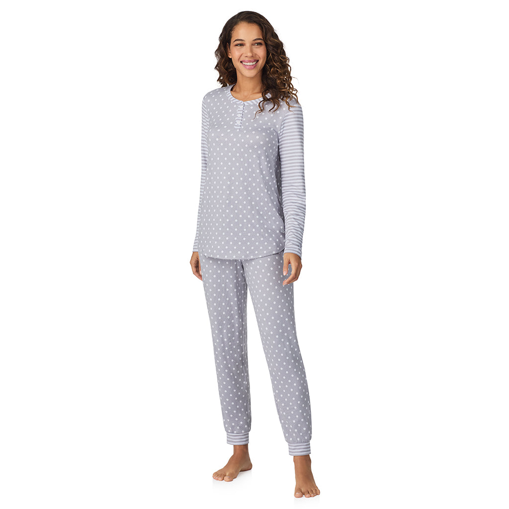 A lady wearing Grey Dot/Stripe Brushed Sweater Knit Long Sleeve Henley with Jogger 2-Pc Pajama Set