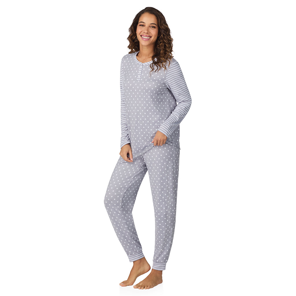 A lady wearing Grey Dot/Stripe Brushed Sweater Knit Long Sleeve Henley with Jogger 2-Pc Pajama Set