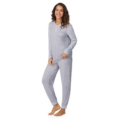 Grey Dot/Stripe;Model is wearing size S. She is 5’9”, Bust 34”, Waist 23”, Hips 35”.@A lady wearing Grey Dot/Stripe Brushed Sweater Knit Long Sleeve Henley with Jogger 2-Pc Pajama Set