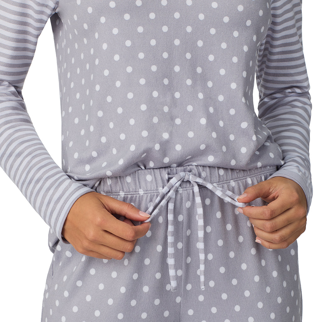 A lady wearing Grey Dot/Stripe Brushed Sweater Knit Long Sleeve Henley with Jogger 2-Pc Pajama Set