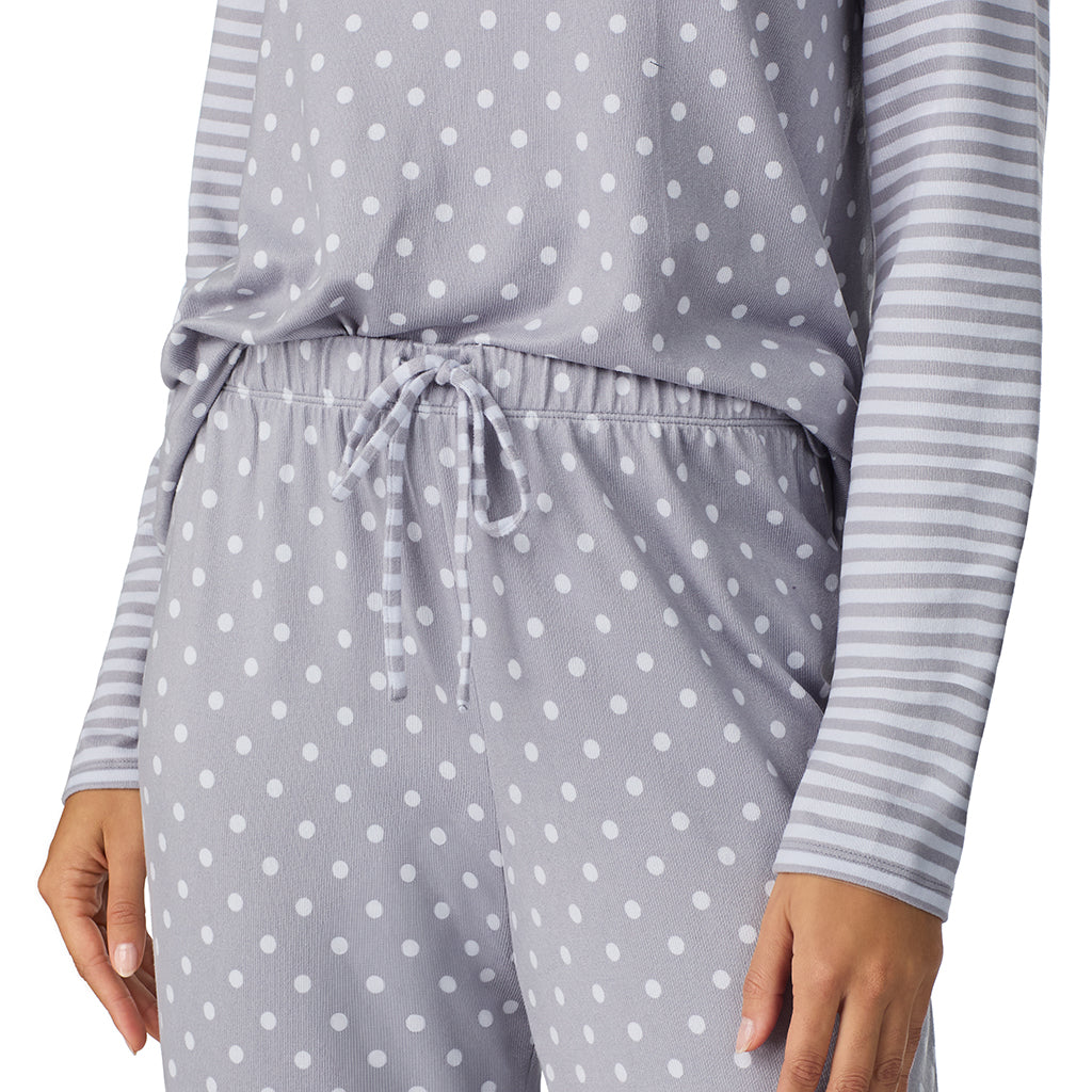 A lady wearing Grey Dot/Stripe Brushed Sweater Knit Long Sleeve Henley with Jogger 2-Pc Pajama Set