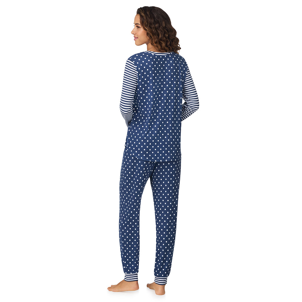 Blue Dot/Stripe;Model is wearing size S. She is 5’9”, Bust 34”, Waist 23”, Hips 35”.@A lady wearing Blue Dot/Stripe Brushed Sweater Knit Long Sleeve Henley with Jogger 2-Pc Pajama Set