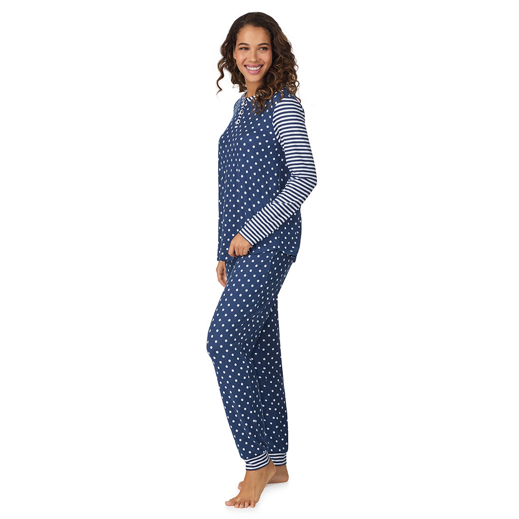 Blue Dot/Stripe;Model is wearing size S. She is 5’9”, Bust 34”, Waist 23”, Hips 35”.@A lady wearing Blue Dot/Stripe Brushed Sweater Knit Long Sleeve Henley with Jogger 2-Pc Pajama Set