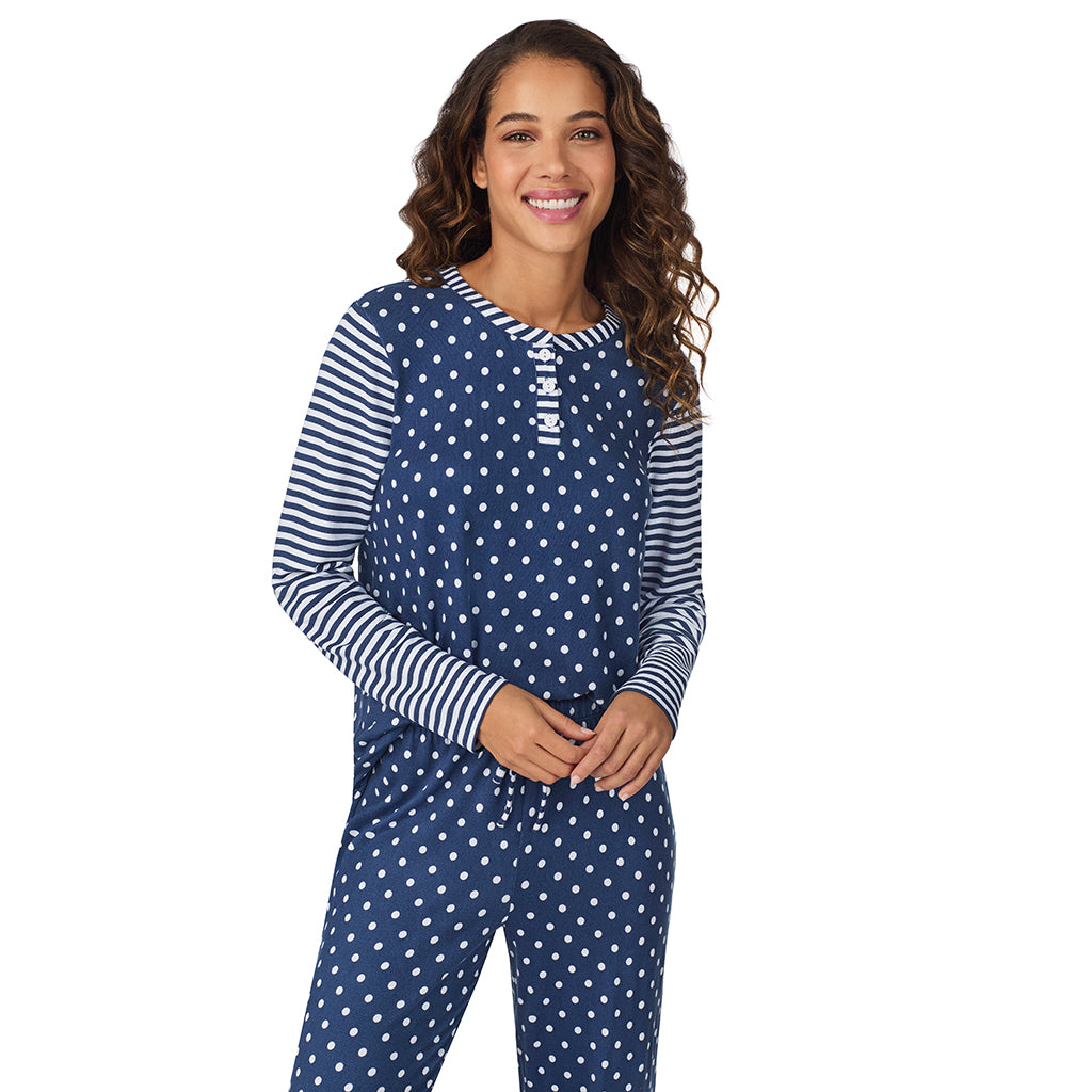 Blue Dot/Stripe;Model is wearing size S. She is 5’9”, Bust 34”, Waist 23”, Hips 35”.@A lady wearing Blue Dot/Stripe Brushed Sweater Knit Long Sleeve Henley with Jogger 2-Pc Pajama Set