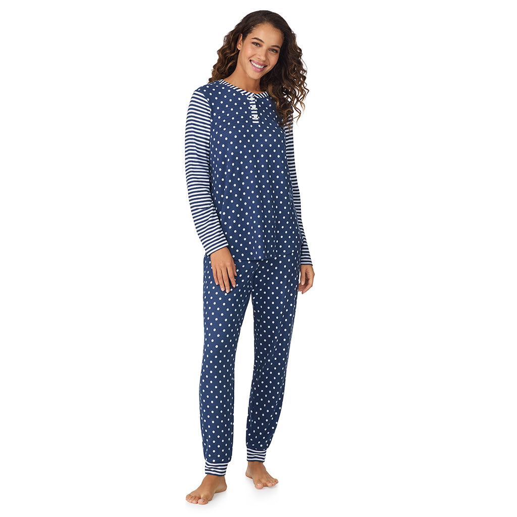 Blue Dot/Stripe;Model is wearing size S. She is 5’9”, Bust 34”, Waist 23”, Hips 35”.@A lady wearing Blue Dot/Stripe Brushed Sweater Knit Long Sleeve Henley with Jogger 2-Pc Pajama Set