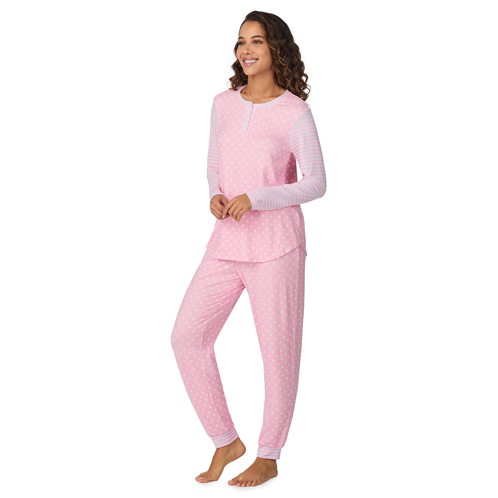 Pink Dot/Stripe;Model is wearing size S. She is 5’9”, Bust 34”, Waist 23”, Hips 35”.@A lady wearing Pink Dot/Stripe Brushed Sweater Knit Long Sleeve Henley with Jogger 2-Pc Pajama Set