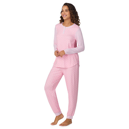 Pink Dot/Stripe;Model is wearing size S. She is 5’9”, Bust 34”, Waist 23”, Hips 35”.@A lady wearing Pink Dot/Stripe Brushed Sweater Knit Long Sleeve Henley with Jogger 2-Pc Pajama Set