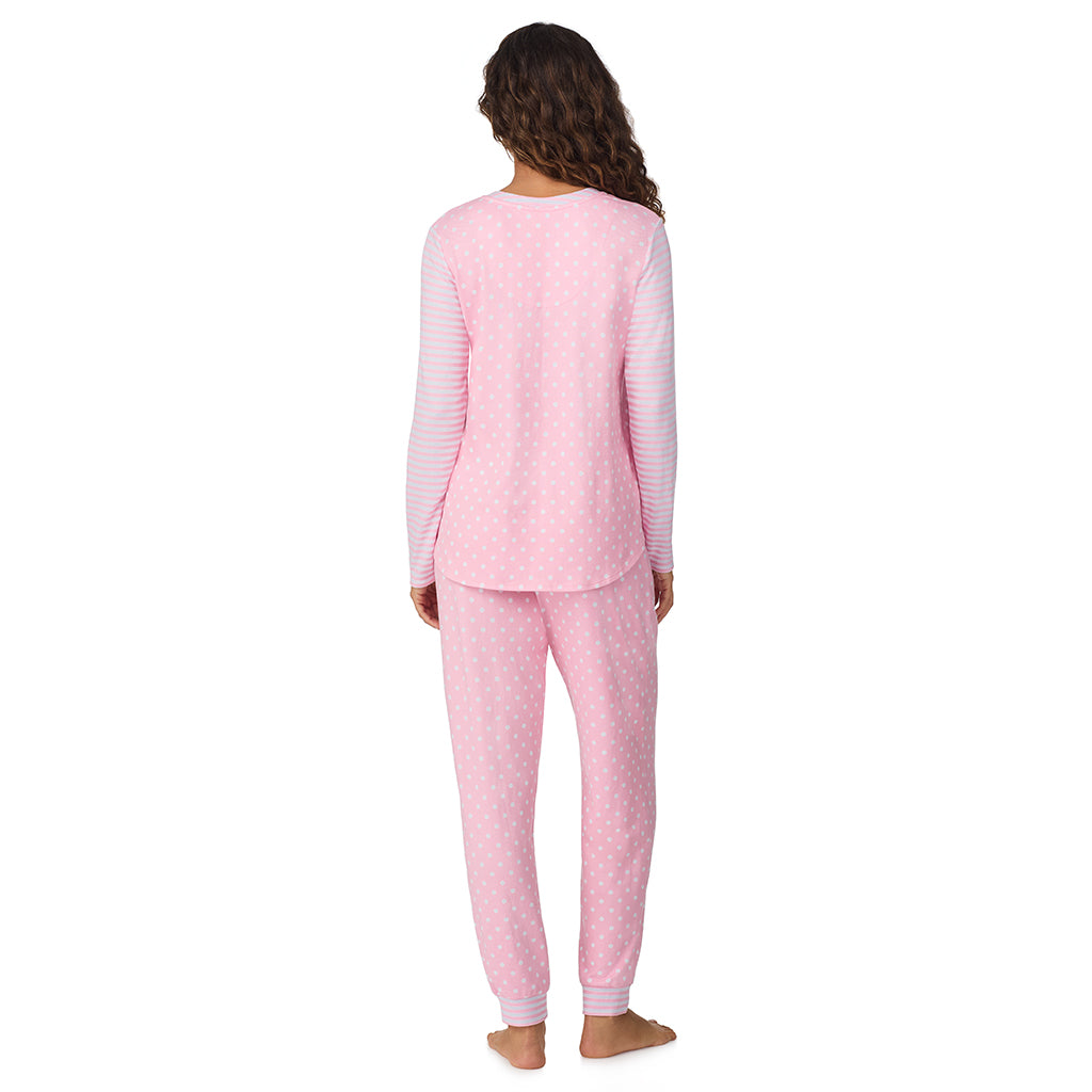 Pink Dot/Stripe;Model is wearing size S. She is 5’9”, Bust 34”, Waist 23”, Hips 35”.@A lady wearing Pink Dot/Stripe Brushed Sweater Knit Long Sleeve Henley with Jogger 2-Pc Pajama Set