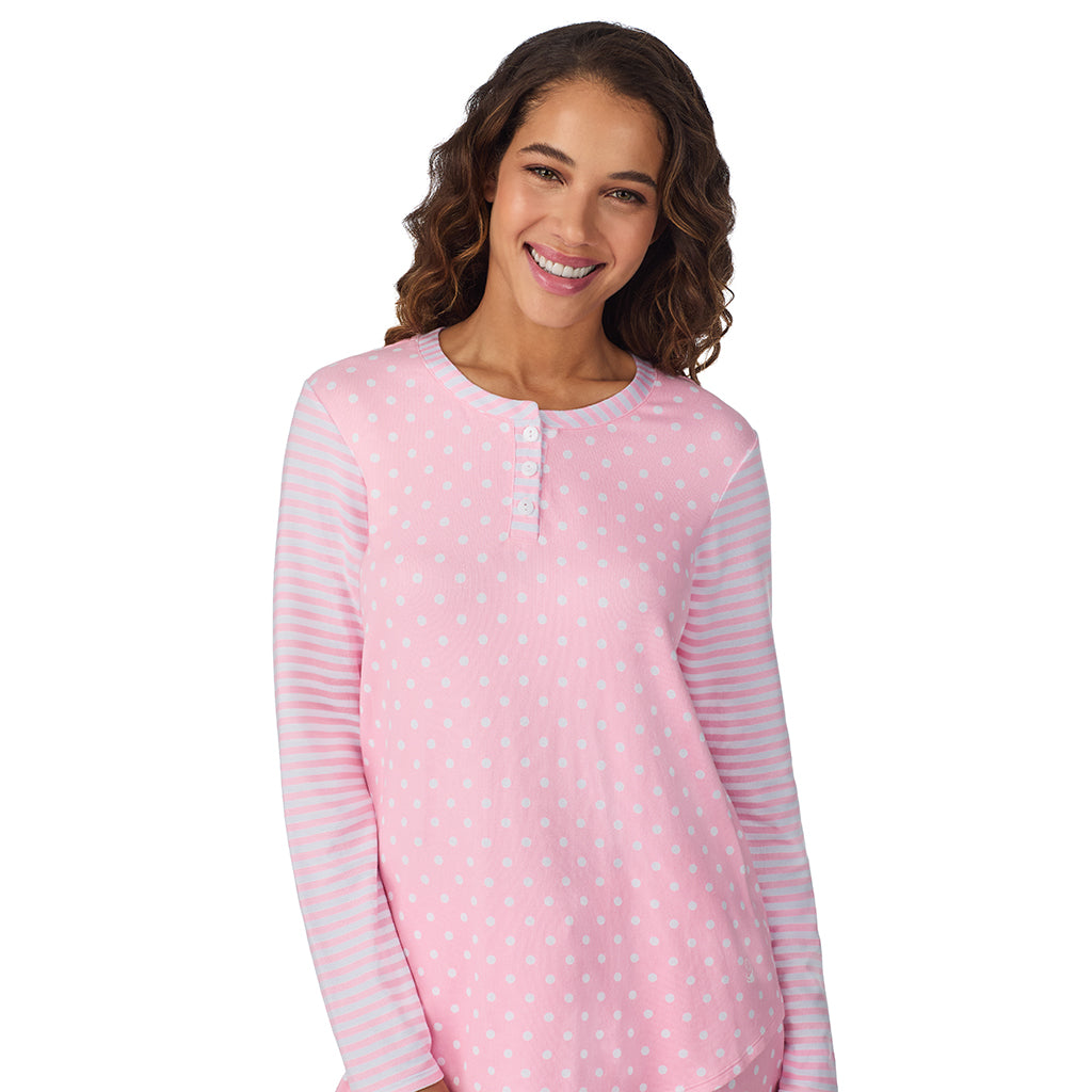 Pink Dot/Stripe;Model is wearing size S. She is 5’9”, Bust 34”, Waist 23”, Hips 35”.@A lady wearing Pink Dot/Stripe Brushed Sweater Knit Long Sleeve Henley with Jogger 2-Pc Pajama Set