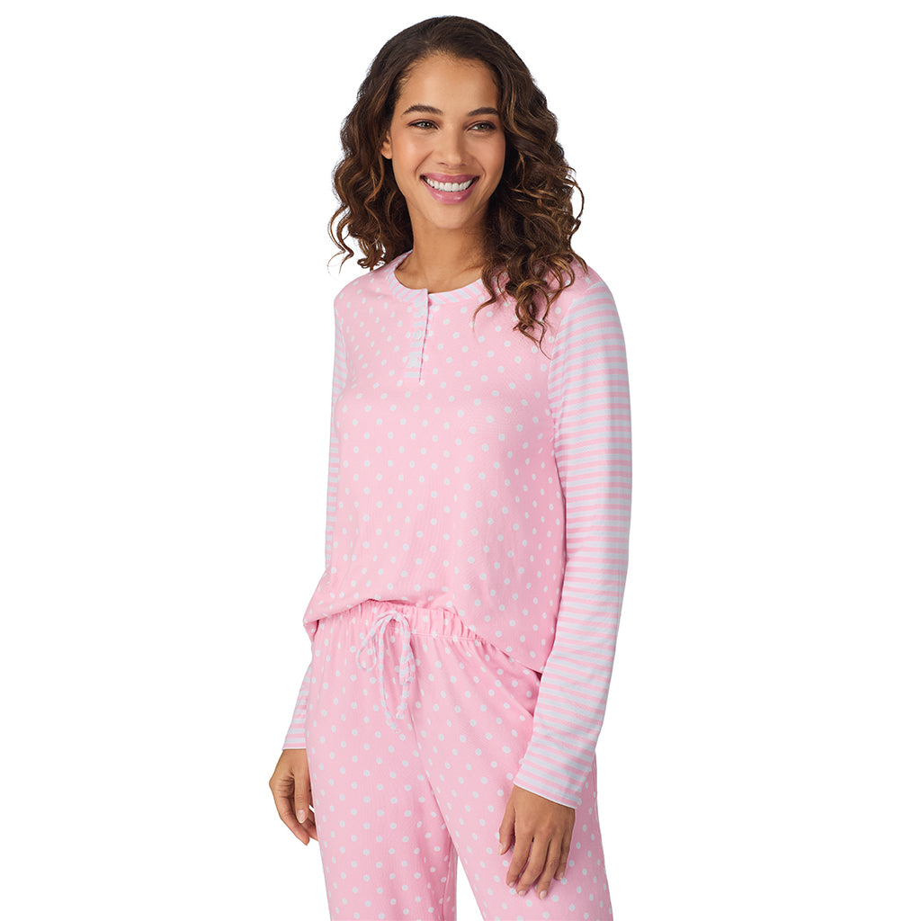 A lady wearing Pink Dot/Stripe Brushed Sweater Knit Long Sleeve Henley with Jogger 2-Pc Pajama Set