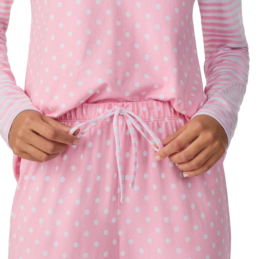 Pink Dot/Stripe;Model is wearing size S. She is 5’9”, Bust 34”, Waist 23”, Hips 35”.@A lady wearing Pink Dot/Stripe Brushed Sweater Knit Long Sleeve Henley with Jogger 2-Pc Pajama Set