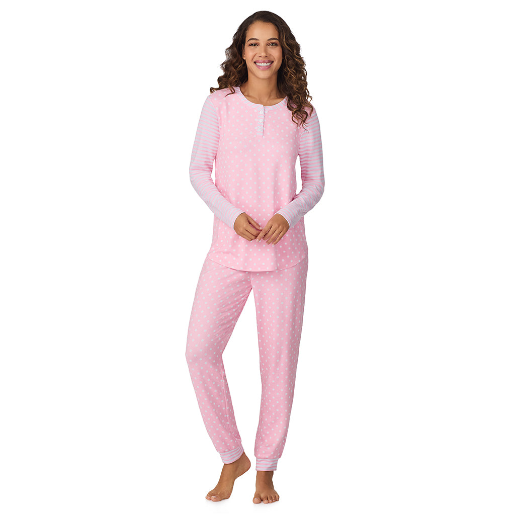 Pink Dot/Stripe;Model is wearing size S. She is 5’9”, Bust 34”, Waist 23”, Hips 35”.@A lady wearing Pink Dot/Stripe Brushed Sweater Knit Long Sleeve Henley with Jogger 2-Pc Pajama Set