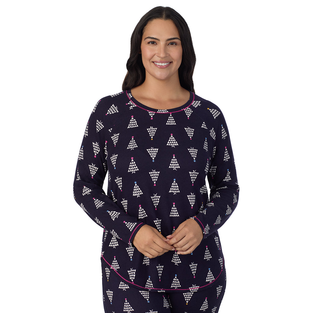 Navy Heart Trees;Model is wearing size 1X. She is 5'10", Bust 40", Waist 33", Hips 47".@A lady wearing Navy Heart Trees Brushed Sweater Knit Long Sleeve Top with Jogger 2-Pc Pajama Set PLUS