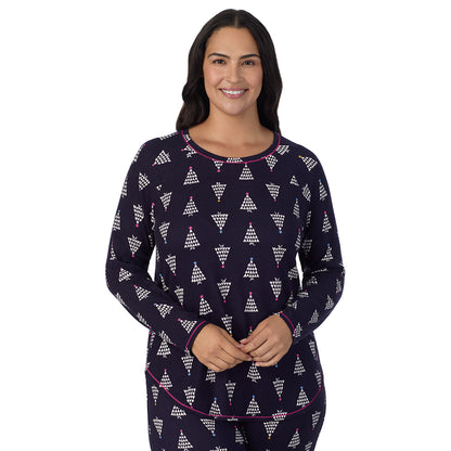 Navy Heart Trees;Model is wearing size 1X. She is 5'10", Bust 40", Waist 33", Hips 47".@A lady wearing Navy Heart Trees Brushed Sweater Knit Long Sleeve Top with Jogger 2-Pc Pajama Set PLUS