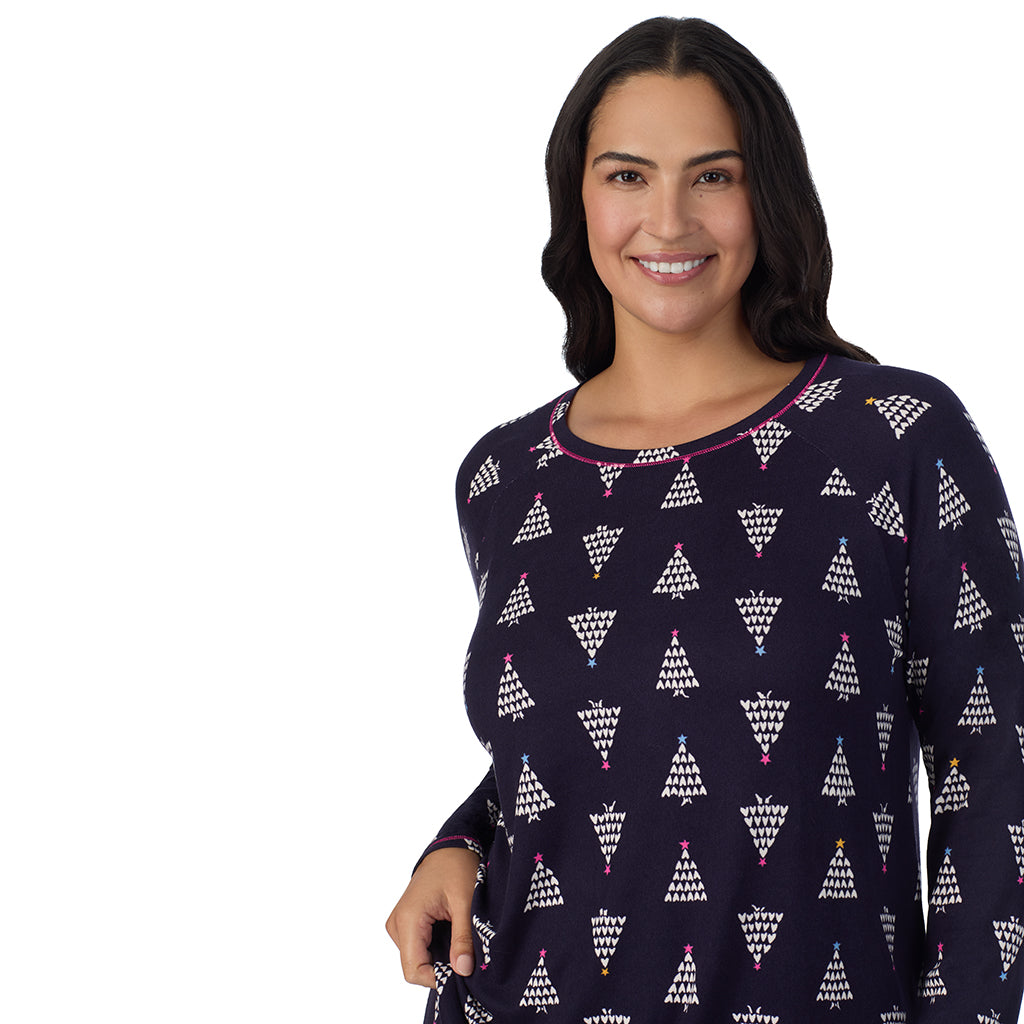 Navy Heart Trees;Model is wearing size 1X. She is 5'10", Bust 40", Waist 33", Hips 47".@A lady wearing Navy Heart Trees Brushed Sweater Knit Long Sleeve Top with Jogger 2-Pc Pajama Set PLUS