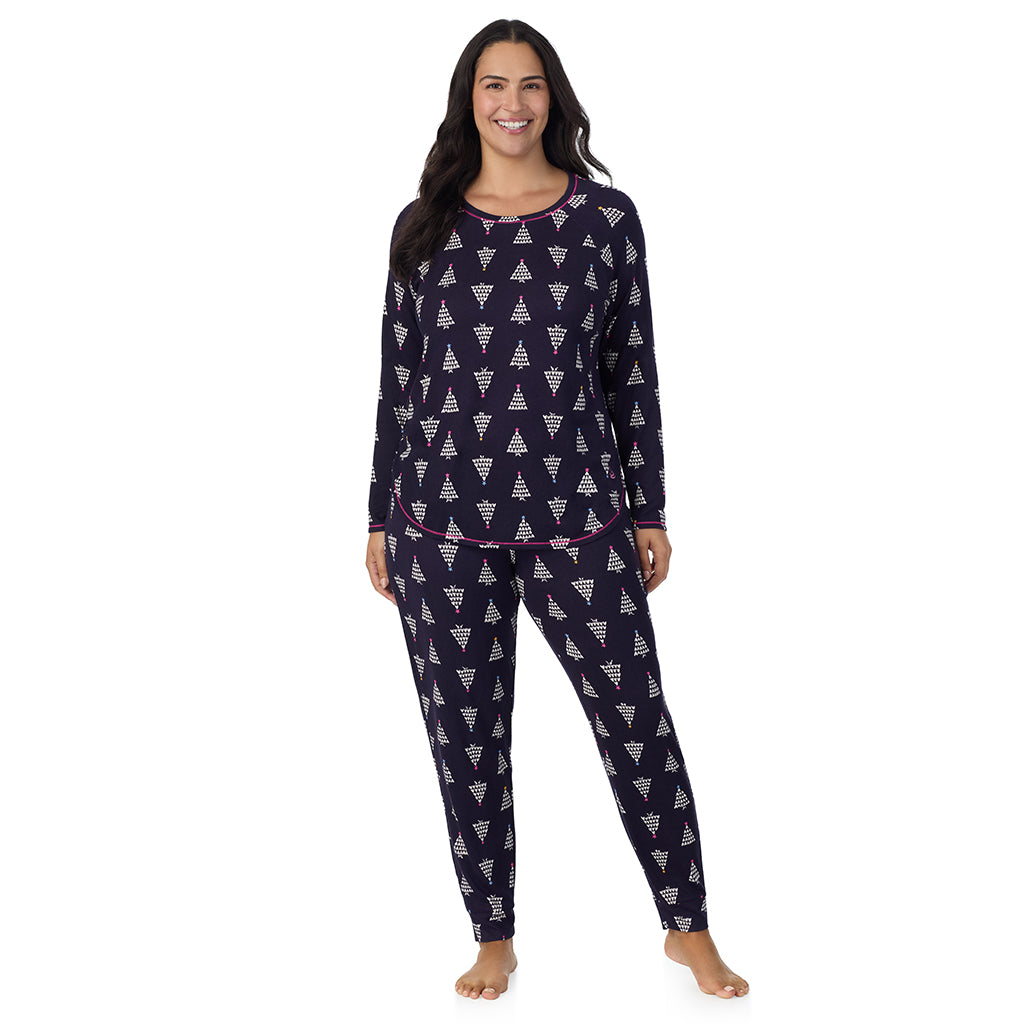 A lady wearing Navy Heart Trees Brushed Sweater Knit Long Sleeve Top with Jogger 2-Pc Pajama Set PLUS