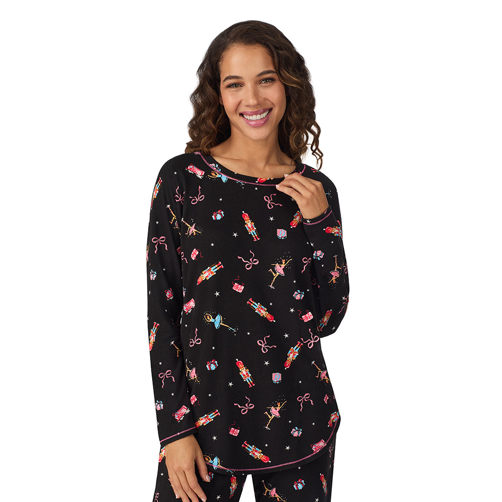 A lady wearing Nutcracker Brushed Sweater Knit Long Sleeve Top with Jogger 2-Pc Pajama Set