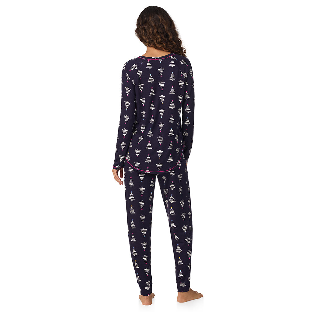 A lady wearing Navy Heart Trees Brushed Sweater Knit Long Sleeve Top with Jogger 2-Pc Pajama Set