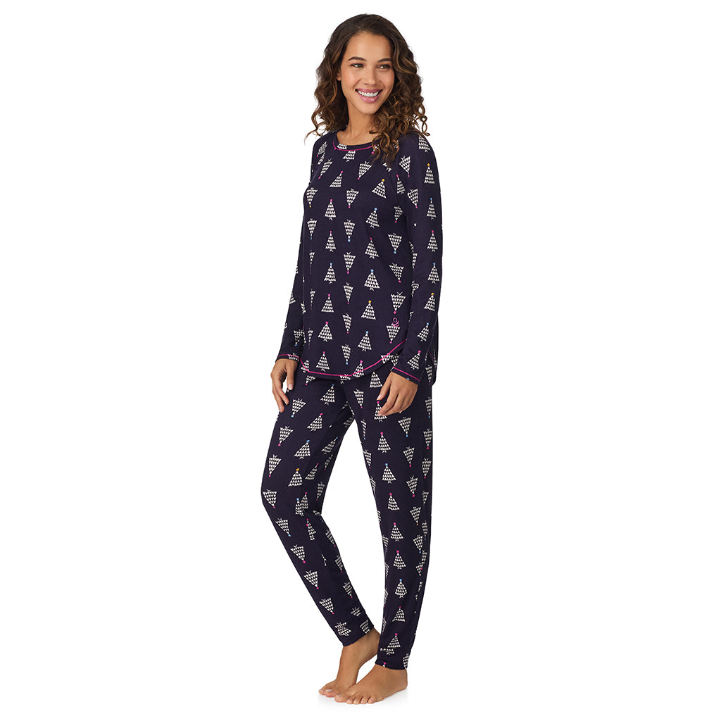 A lady wearing Navy Heart Trees Brushed Sweater Knit Long Sleeve Top with Jogger 2-Pc Pajama Set