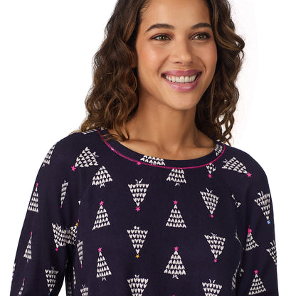 Navy Heart Trees;Model is wearing size S. She is 5’9”, Bust 34”, Waist 23”, Hips 35”.@A lady wearing Navy Heart Trees Brushed Sweater Knit Long Sleeve Top with Jogger 2-Pc Pajama Set