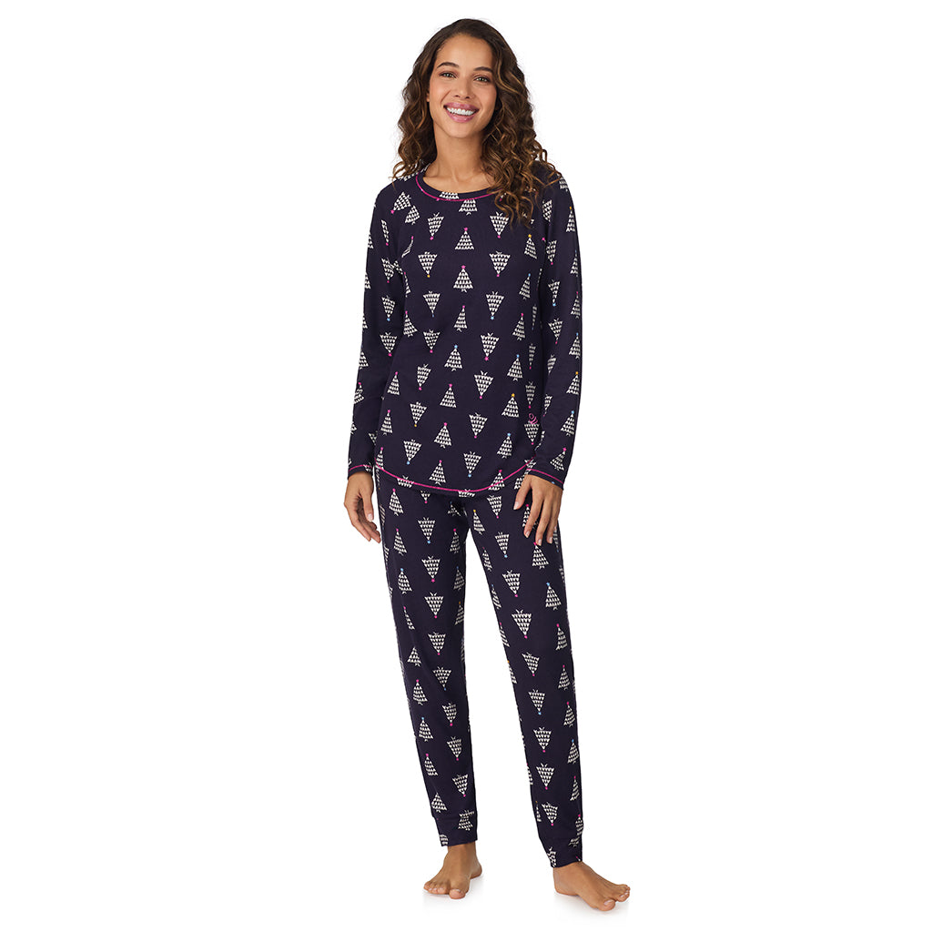 A lady wearing Navy Heart Trees Brushed Sweater Knit Long Sleeve Top with Jogger 2-Pc Pajama Set