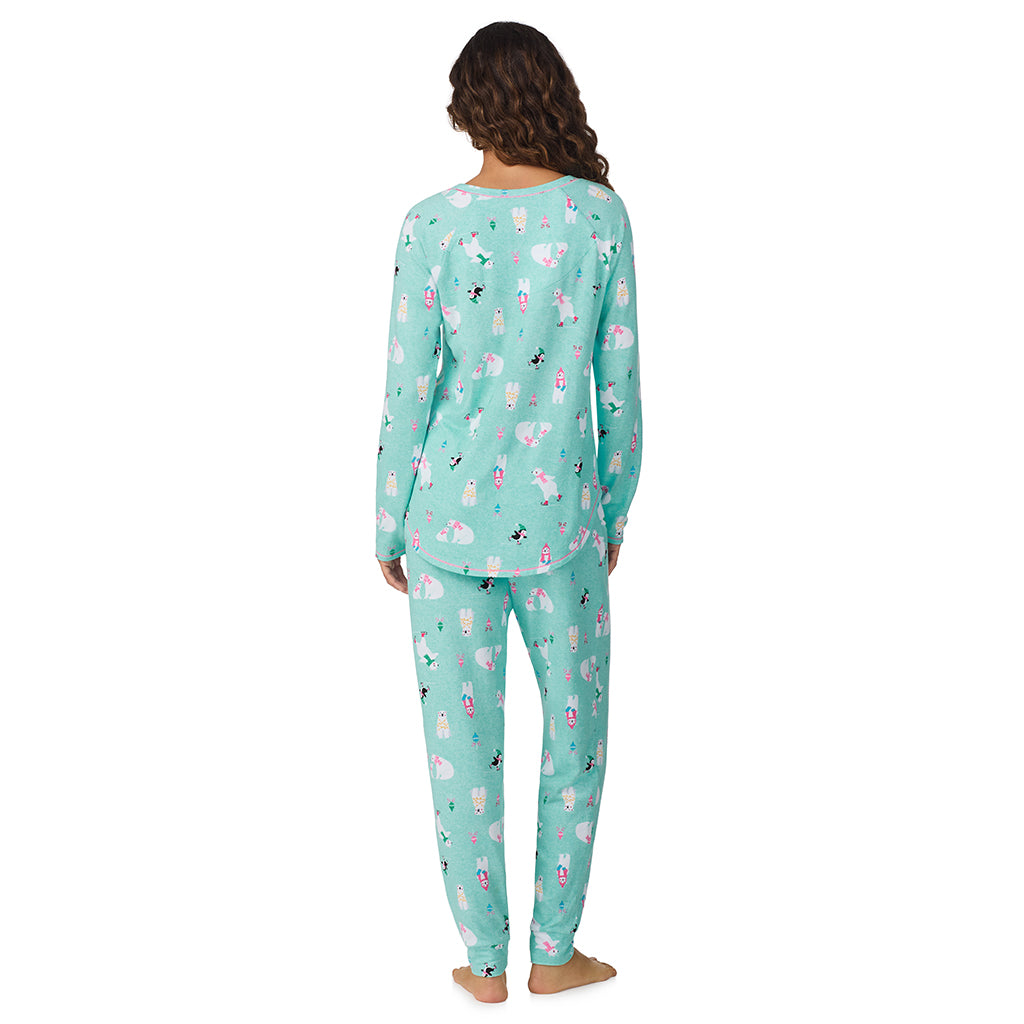 A lady wearing Aqua Polar Bears Brushed Sweater Knit Long Sleeve Top with Jogger 2-Pc Pajama Set