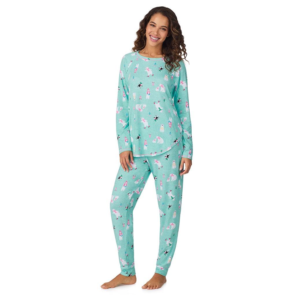 A lady wearing Aqua Polar Bears Brushed Sweater Knit Long Sleeve Top with Jogger 2-Pc Pajama Set