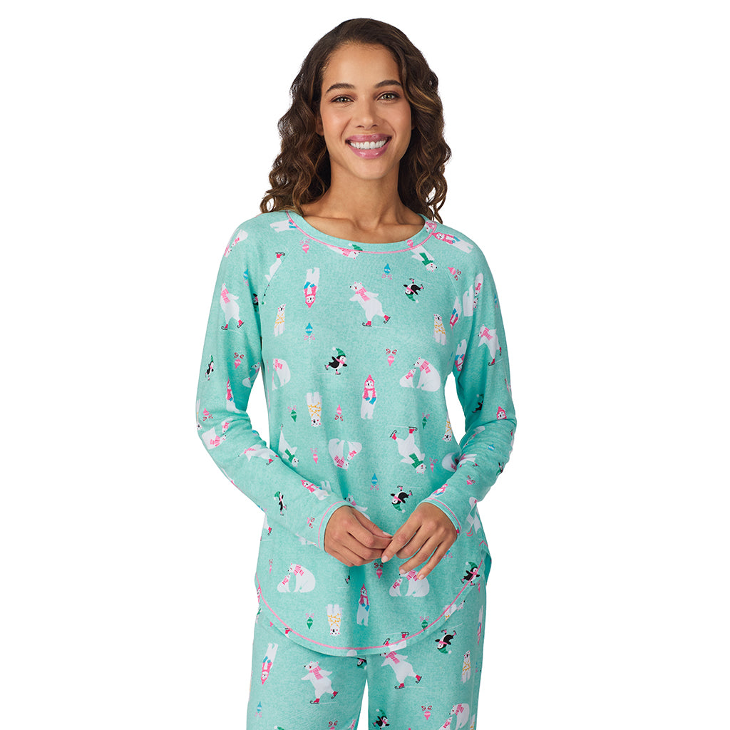 Aqua Polar Bears;Model is wearing size S. She is 5’9”, Bust 34”, Waist 23”, Hips 35”.@A lady wearing Aqua Polar Bears Brushed Sweater Knit Long Sleeve Top with Jogger 2-Pc Pajama Set