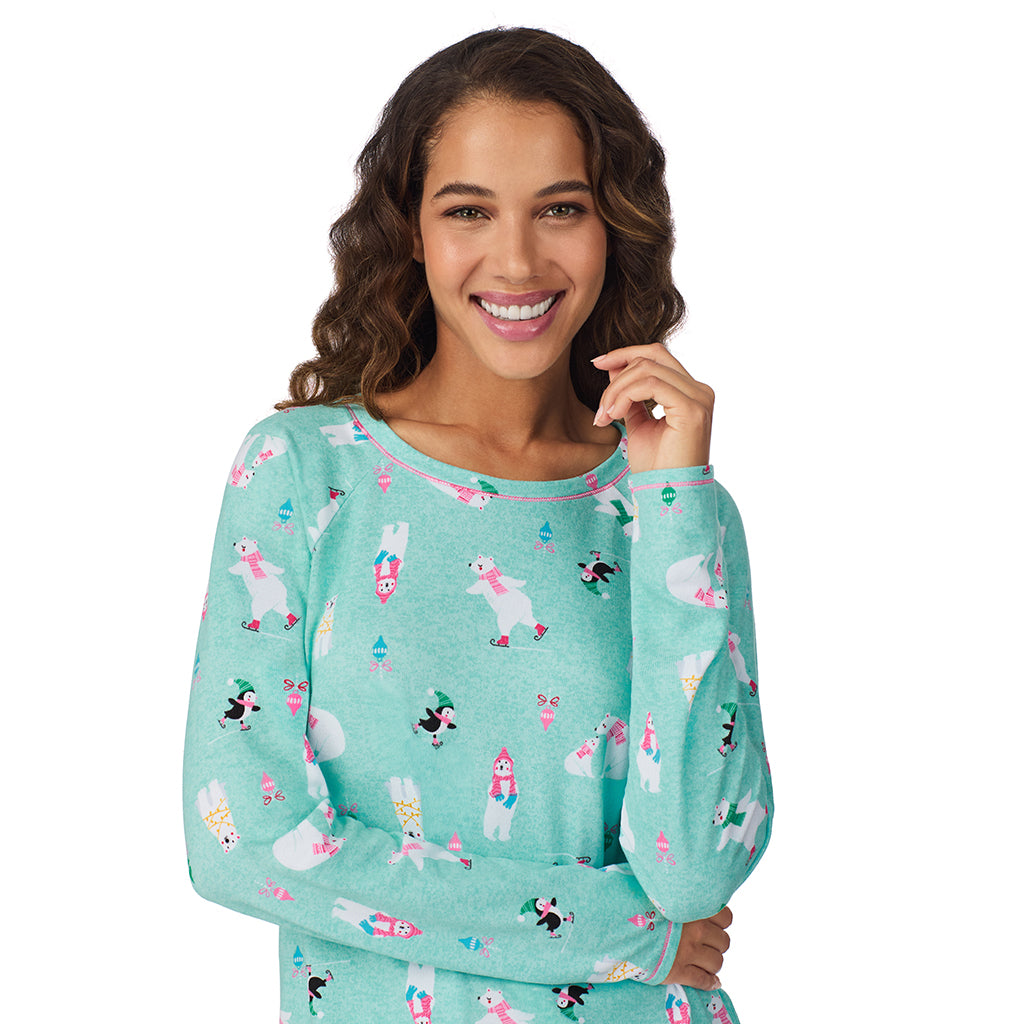 Aqua Polar Bears;Model is wearing size S. She is 5’9”, Bust 34”, Waist 23”, Hips 35”.@A lady wearing Aqua Polar Bears Brushed Sweater Knit Long Sleeve Top with Jogger 2-Pc Pajama Set